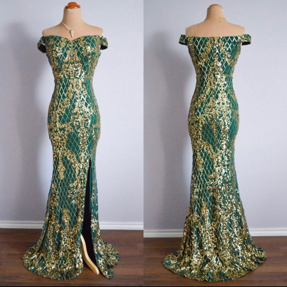 Prom 2025 Holiday Green Gold Long Formal Pageant Sequin Evening Gown Dress S 4/6 - Picture 2 of 10